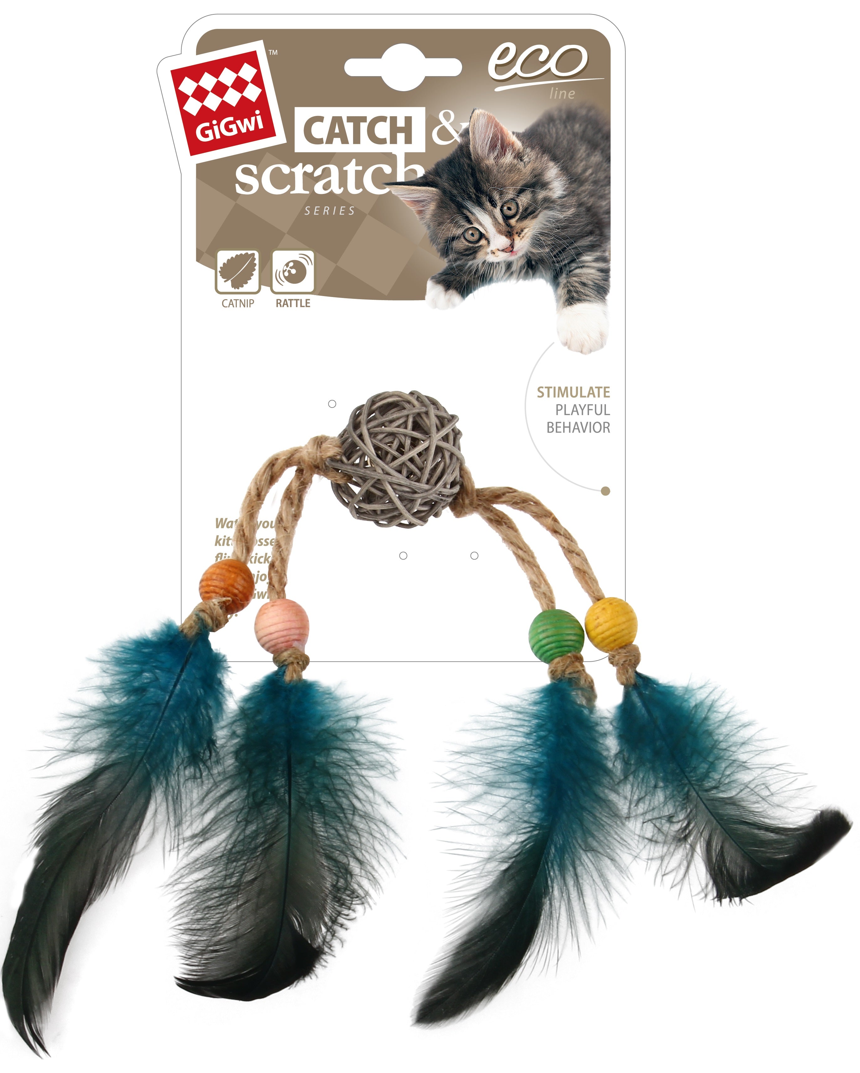 Gigwi Ecoline Catch & Scratch With Rattle Wood / Feather / Rattan - Br ...