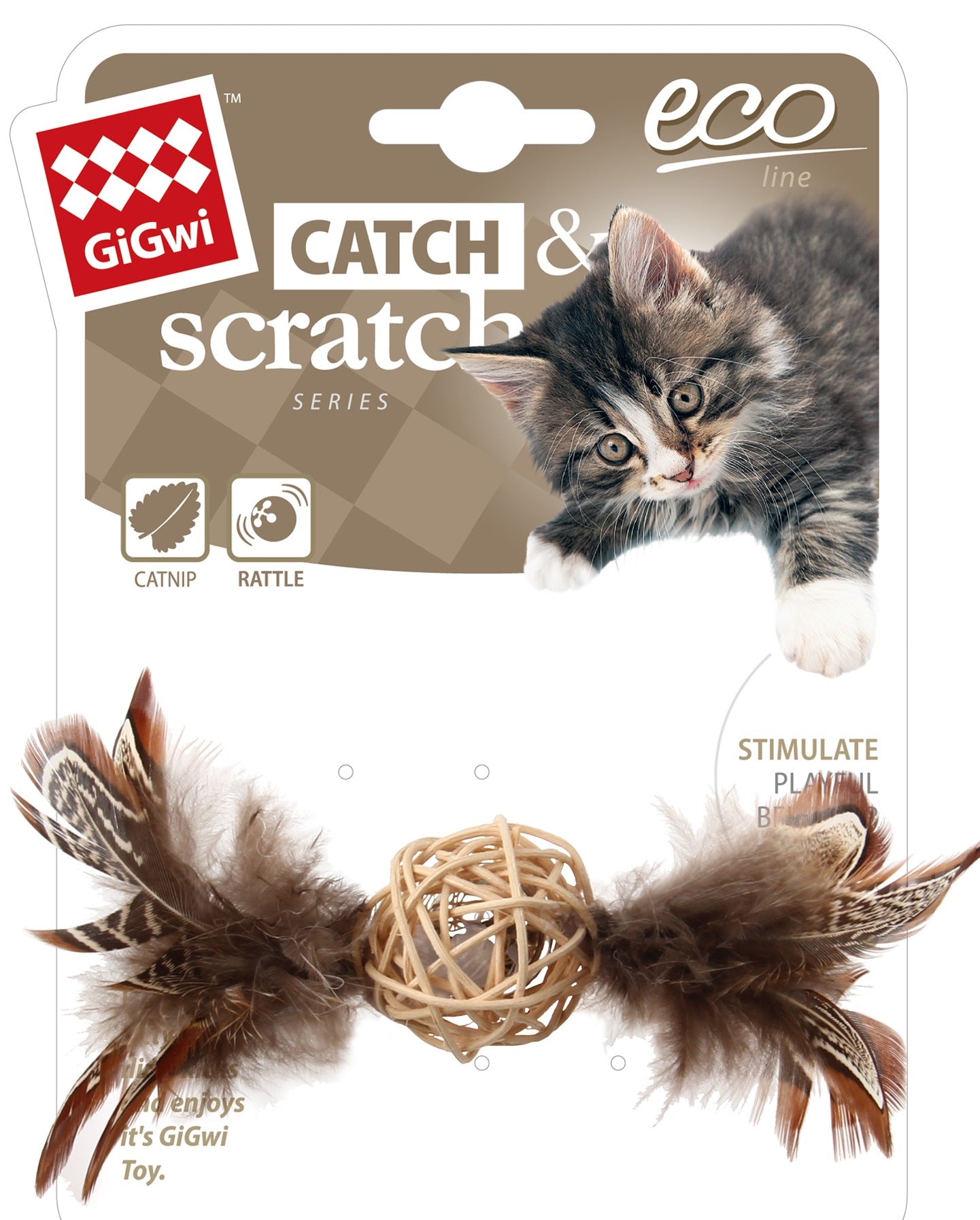 Gigwi Ecoline Catch & Scratch With Rattle Wood Rattan Feather (Brown ...