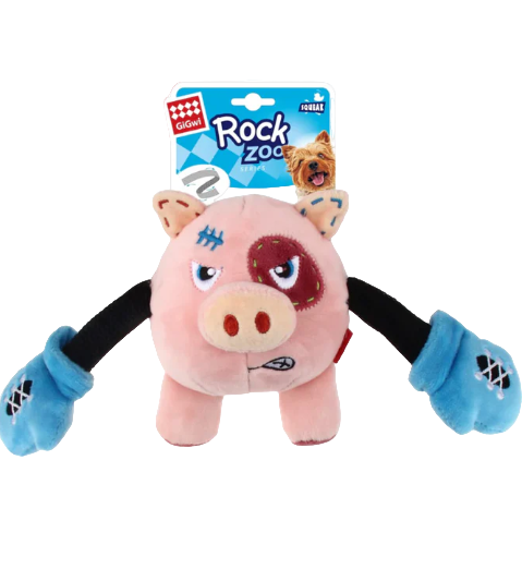 Gigwi Rock Zoo King Boxer Pig With Squeaker Plush/Bungee Arm Dog Toy