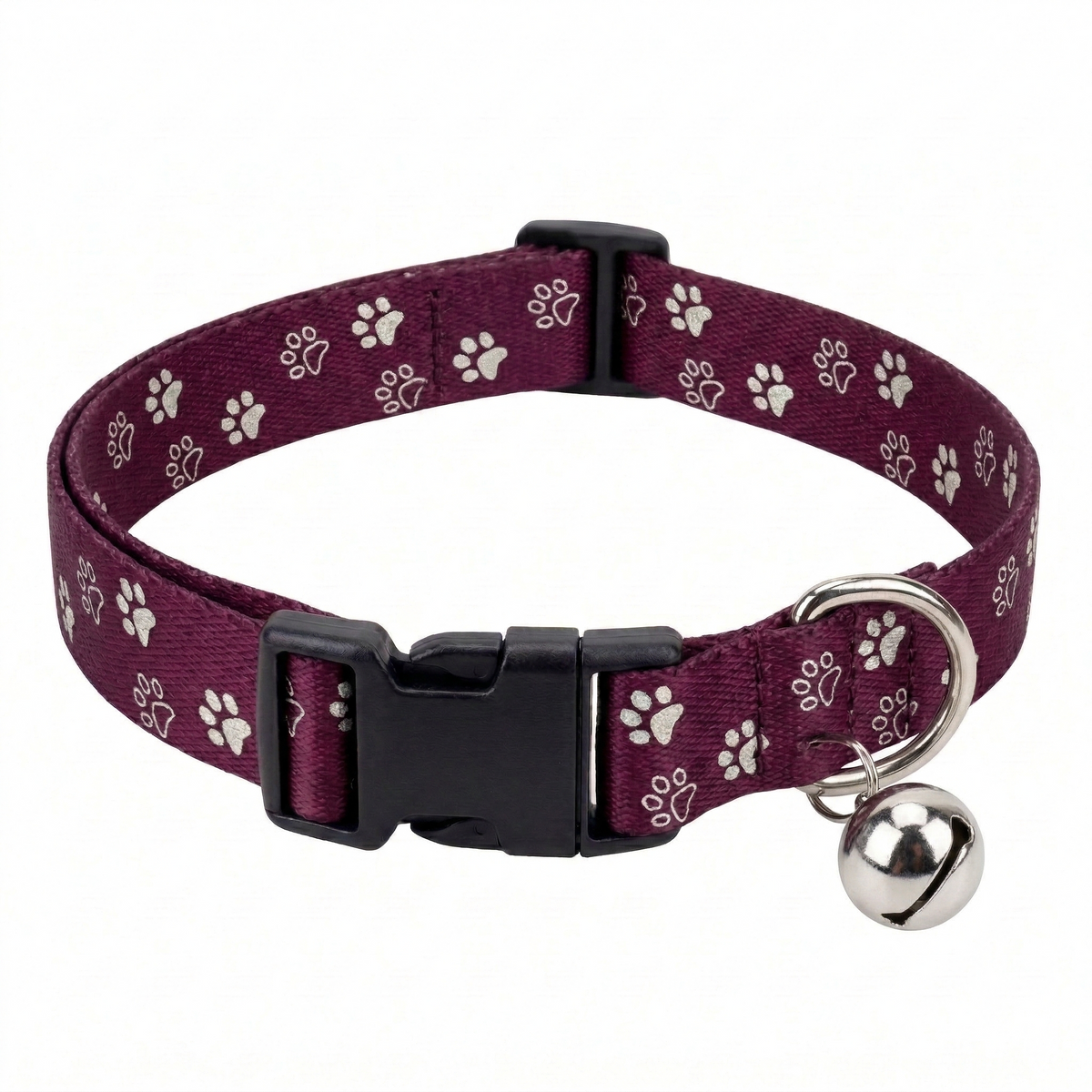 Kennel Adjustable Printed Nylon Puppy & Cat Collar with Click Buckle - Purple Paws Print