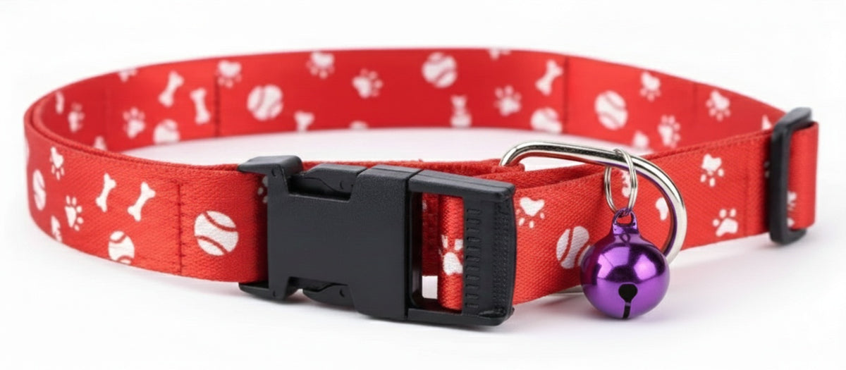 Kennel Adjustable Printed Nylon Puppy & Cat Collar with Click Buckle - Red Bones Print