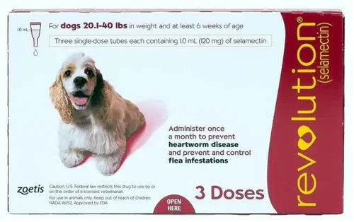 Zoetis: Revolution 120mg Selamectin for Dogs (20.1–40 lbs) – 3 Doses (20 mL Each)